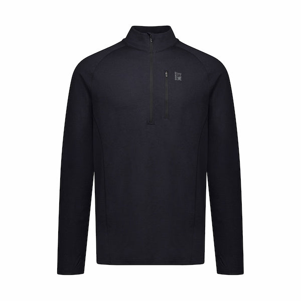A dark navy long-sleeve quarter-zip pullover with a small tonal logo on the left chest, displayed on a clean white background.
