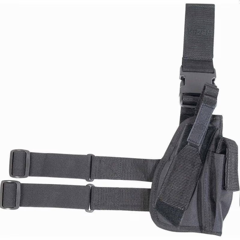 Black tactical holster with strap on a white background