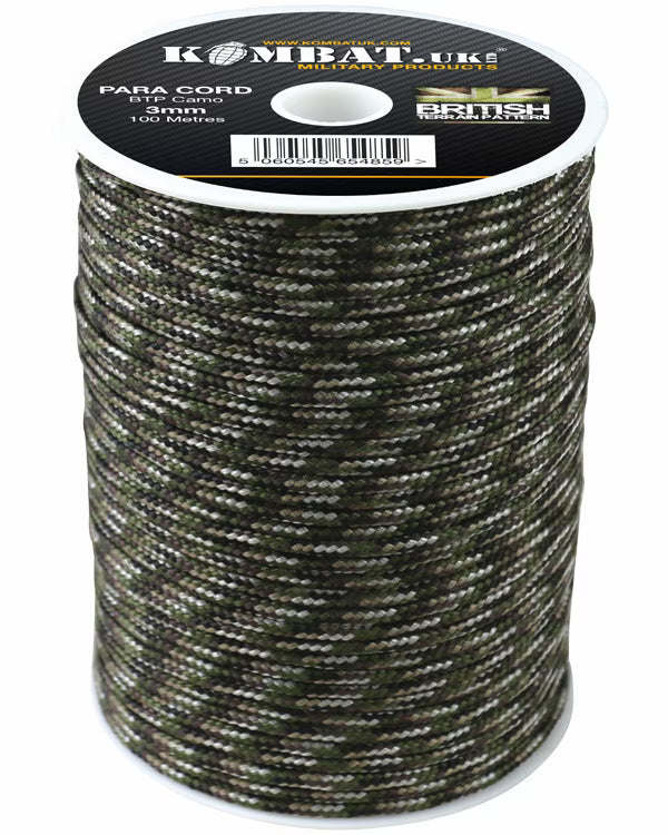 Spool of Kombat UK Para Cord with camouflage pattern on a white background