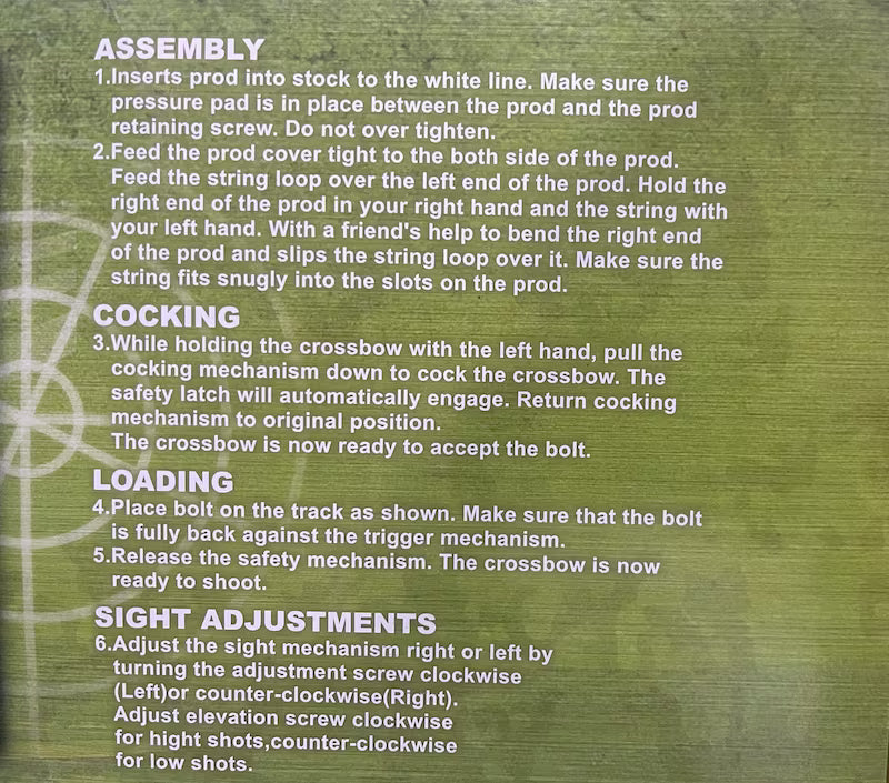 Instructions for assembling and using a crossbow on a green background
