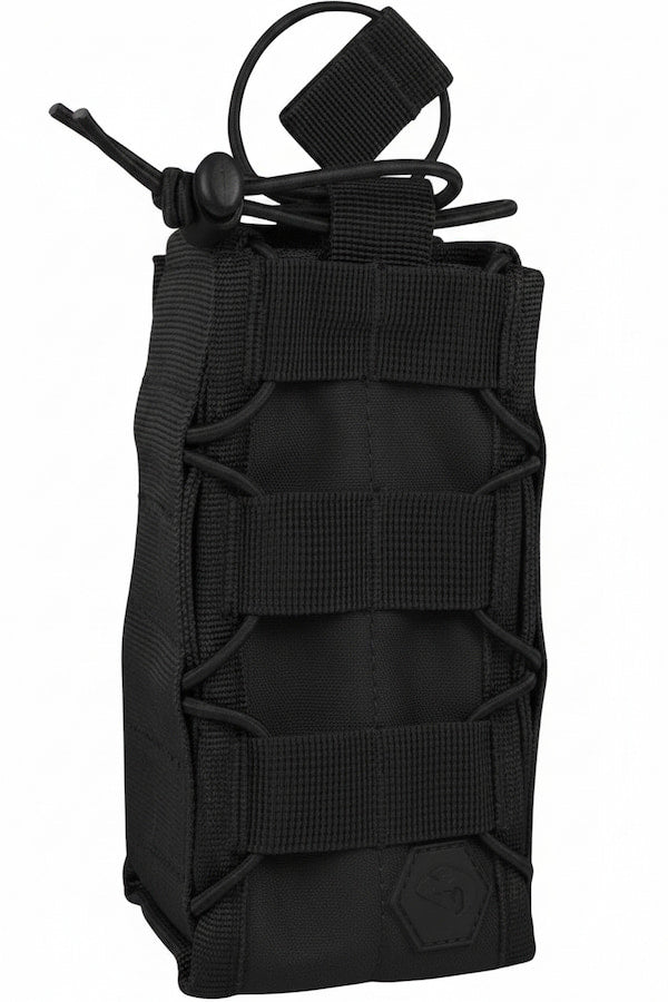 Black tactical pouch with multiple straps on a white background
