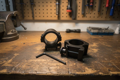 Two black metal rings on a wooden workbench with tools in the background