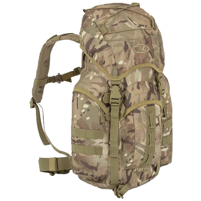 Camouflage backpack with multiple straps on a white background