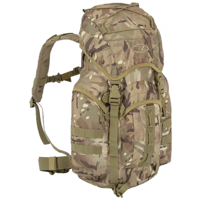 Camouflage backpack with multiple straps on a white background