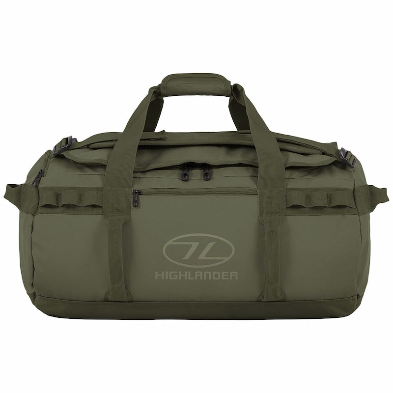 Green duffel bag with Highlander logo on a white background