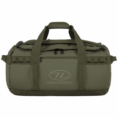 Green duffel bag with Highlander logo on a white background