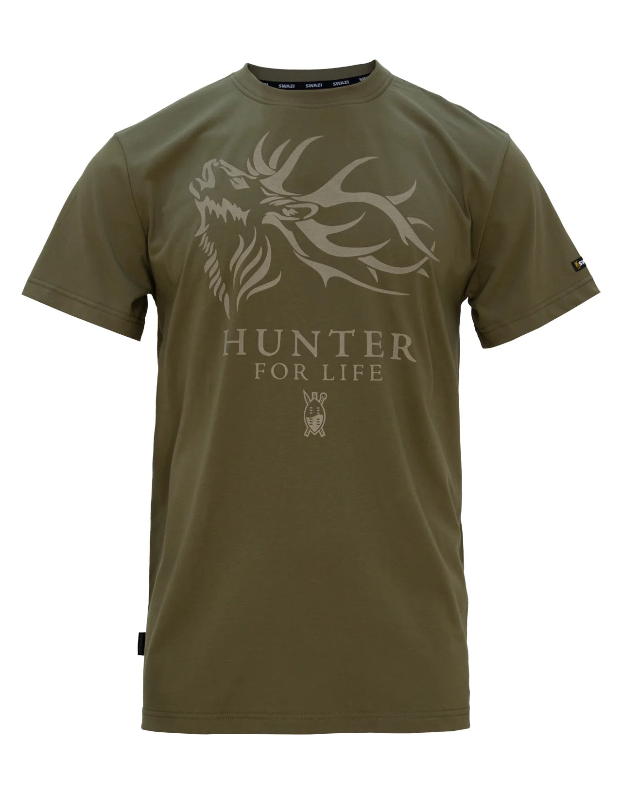 Green t-shirt with deer design and 'Hunter for Life' text on a white background