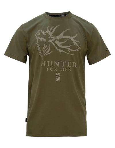 Green t-shirt with deer design and 'Hunter for Life' text on a white background