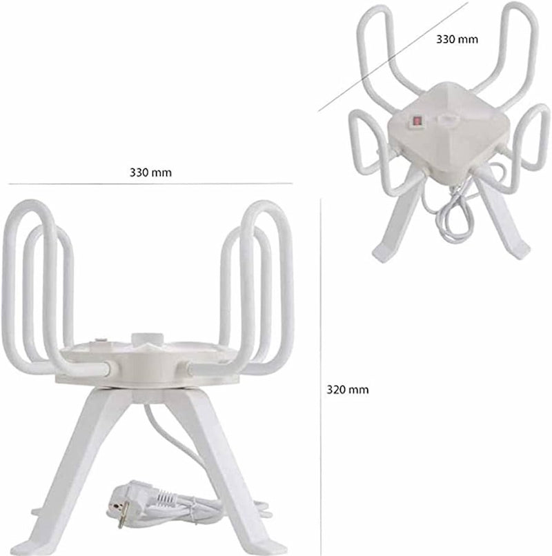White electronic device with antenna and power cable, measurements indicated.