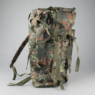 Camouflage backpack on a gray background