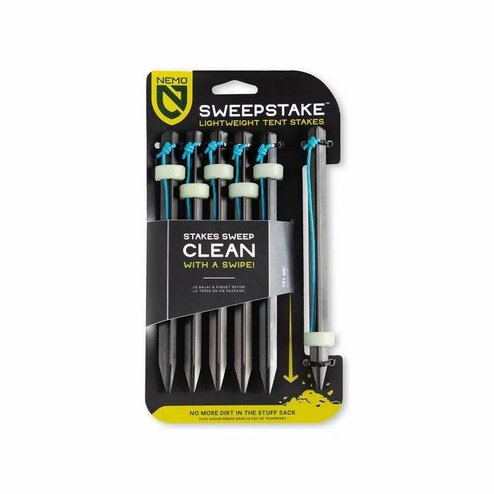 Packaging of Nemo Sweepstake lightweight tent stakes on a white background