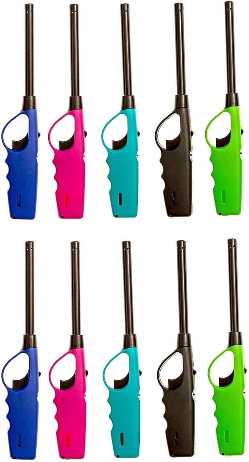 Set of colorful butane lighters arranged in a grid on a white background