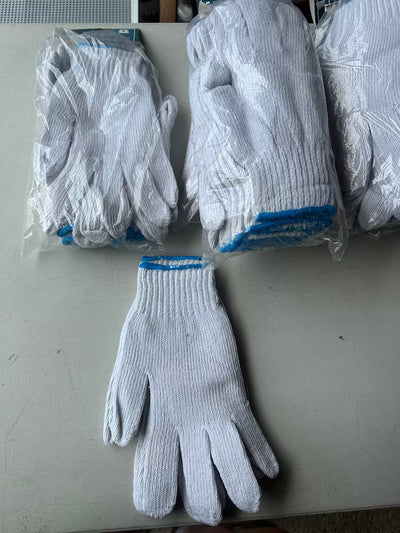 White gloves with blue accents on a gray surface