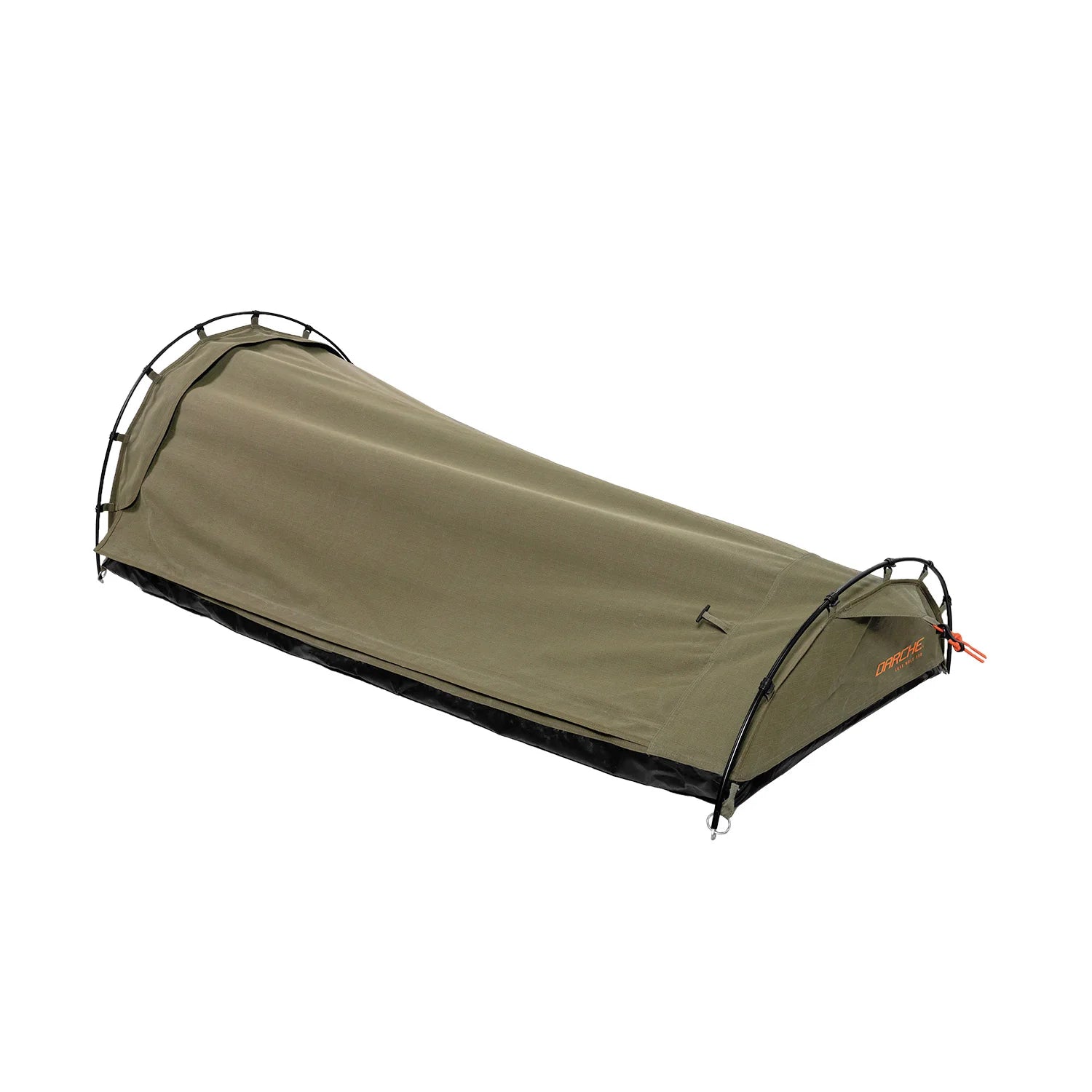 Green camping tent with black frame on a white background