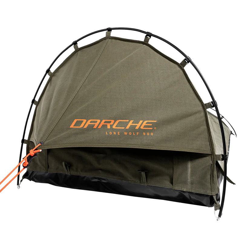 Green tent with 'Darche' branding on a white background