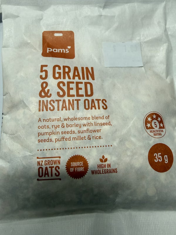 Package of 5 Grain & Seed Instant Oats with branding and nutritional information.
