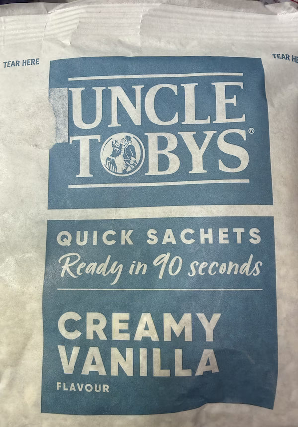 Uncle Toby's creamy vanilla flavored quick sachets packaging.
