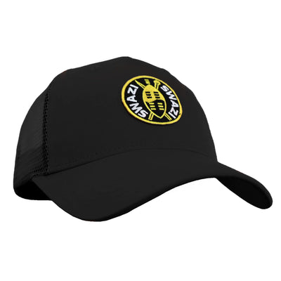 Black cap with a yellow logo on a white background