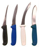 Four knives with different handles on a white background