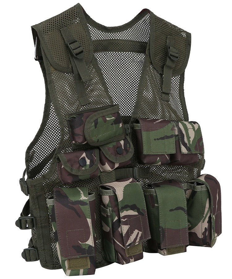 Camouflage tactical vest with multiple pockets on a white background