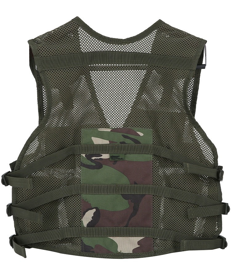 Green tactical vest with camouflage pattern on a white background