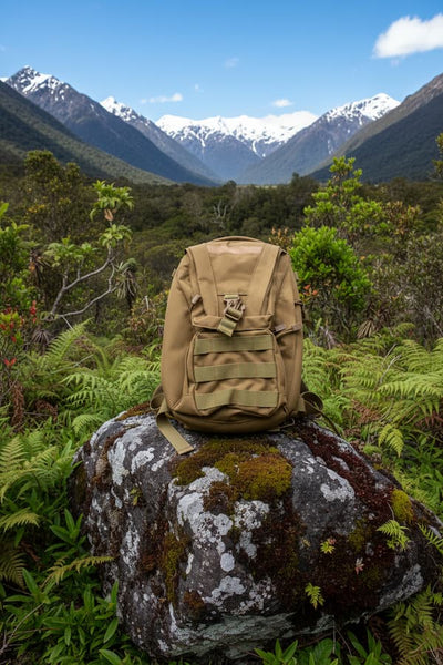 Tan backpack on a rock with a mountainous landscape in the background