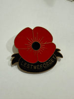ANZAC LEST WE FORGET enamel poppy badge - Black, White, Silver or Gold