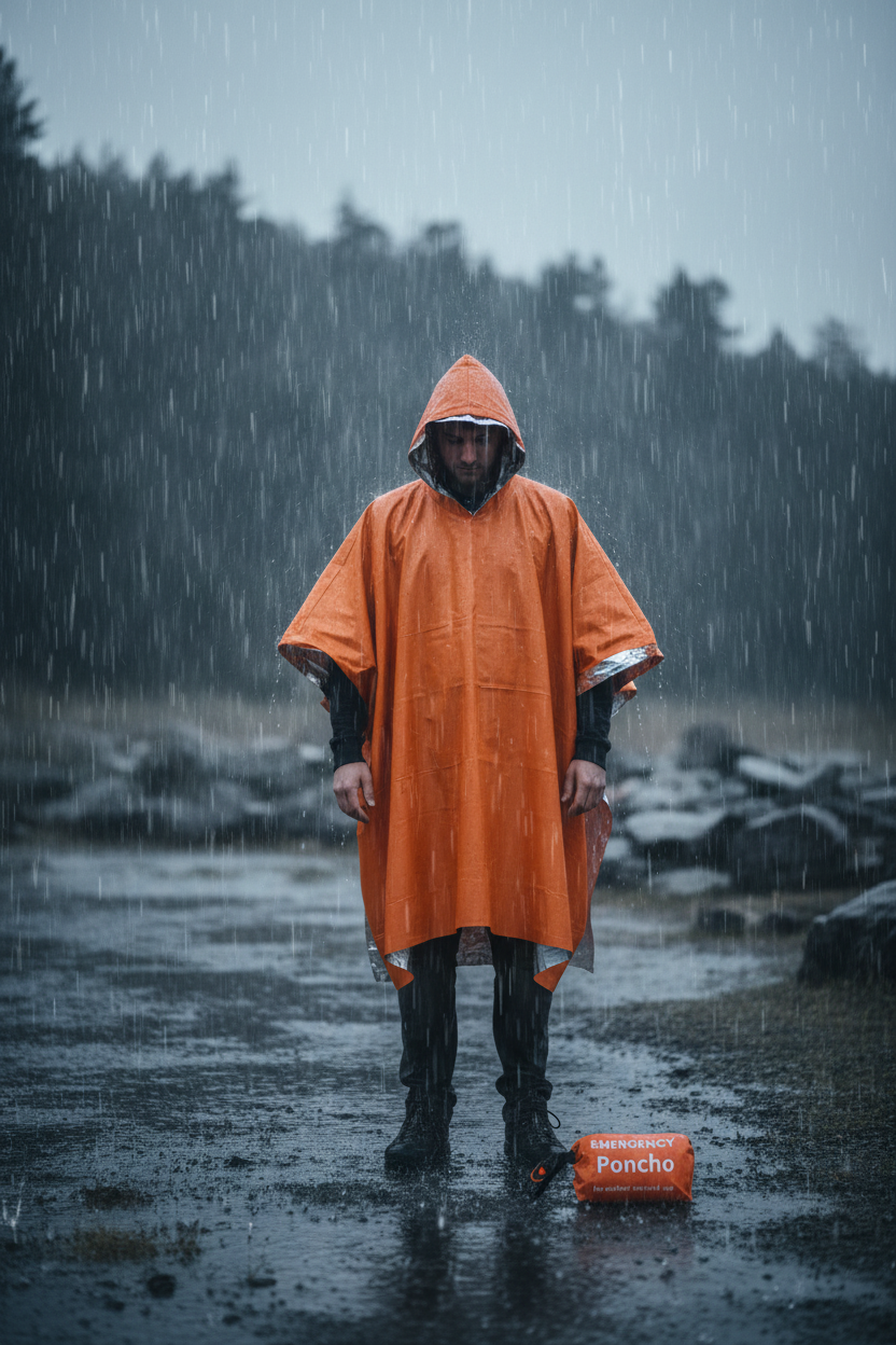 Lightweight Waterproof Poncho in carry pouch.
