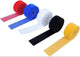 Five rolls of colorful tape in red, blue, white, black, and yellow on a white background.