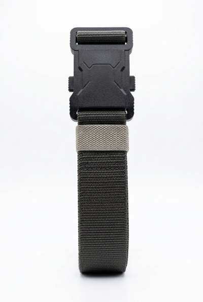 A tactical belt with a black quick-release plastic buckle and a textured gray webbing strap, shown vertically on a white background.