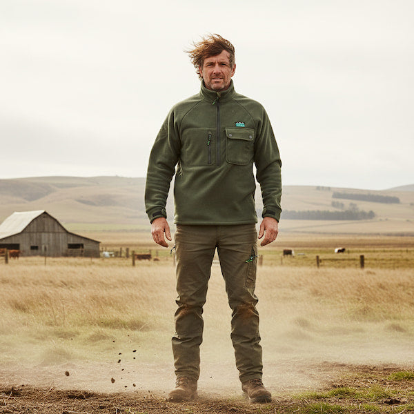 A man stands outdoors in a rural field wearing an olive green fleece pullover and matching olive pants, with a barn and rolling hills in the background.
