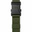 An olive green webbed strap with a black plastic quick-release buckle, shown vertically on a plain white background.