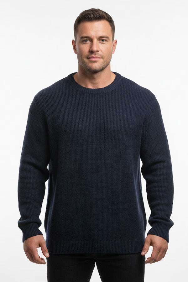 Man wearing a navy blue sweater on a white background