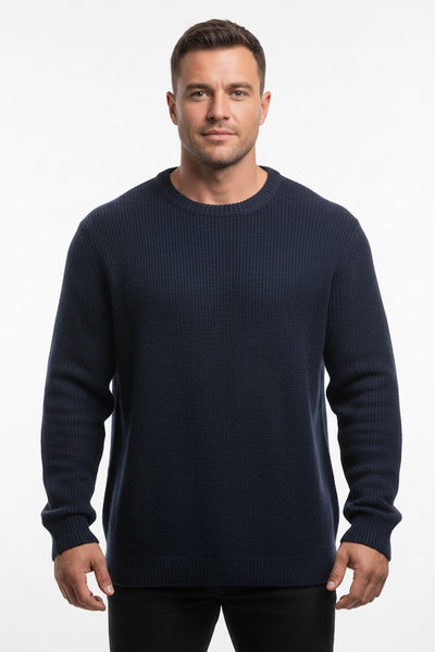 Man wearing a navy blue sweater on a white background