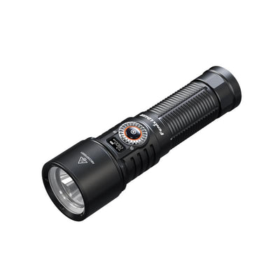 Black flashlight with digital display on a white background