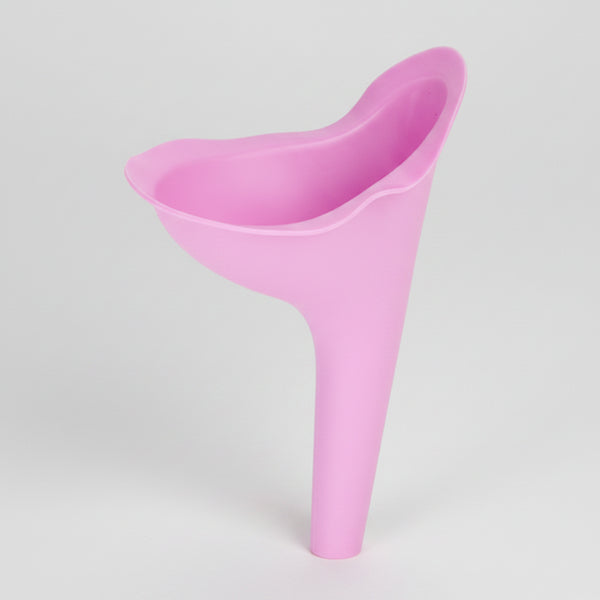 Pink plastic funnel on a light gray background