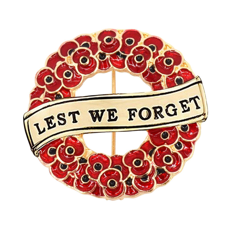 Less We Forget Banner ANZAC LEST WE FORGET enamel poppy badge - Black, White, Silver or Gold ...