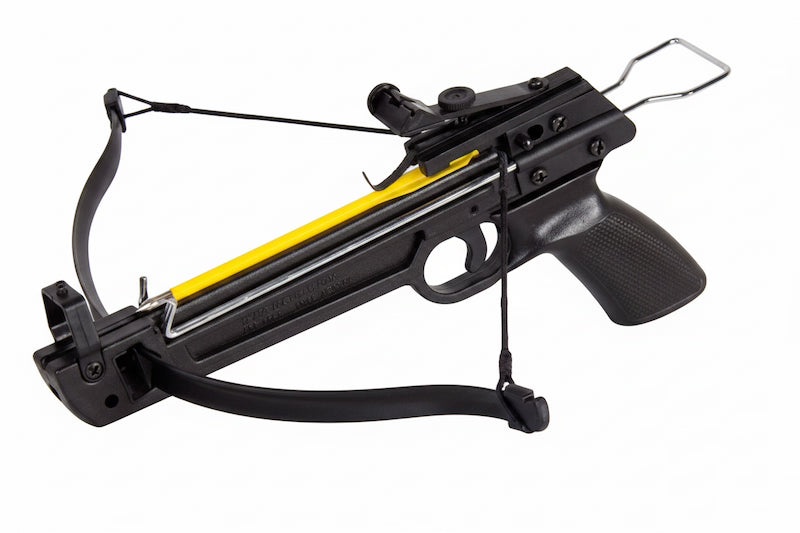 A black crossbow with a bright yellow central band, shown against a plain white background.