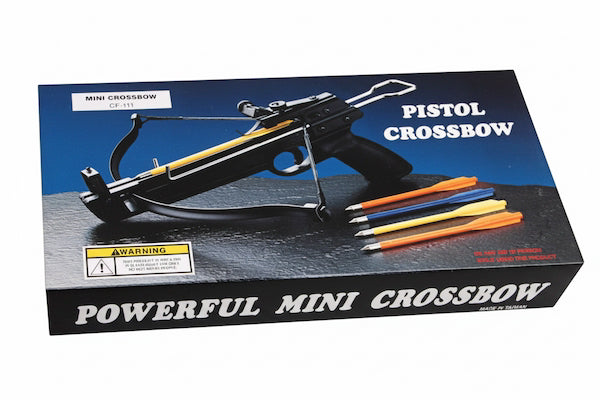 Boxed toy crossbow labeled 'PISTOL CROSSBOW' and 'POWERFUL MINI CROSSBOW' on a plain white background. The packaging shows a black crossbow with yellow accents and several colored arrows.