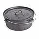 A black cast iron 12 quart pot, with campfire brand printed on it with a white background