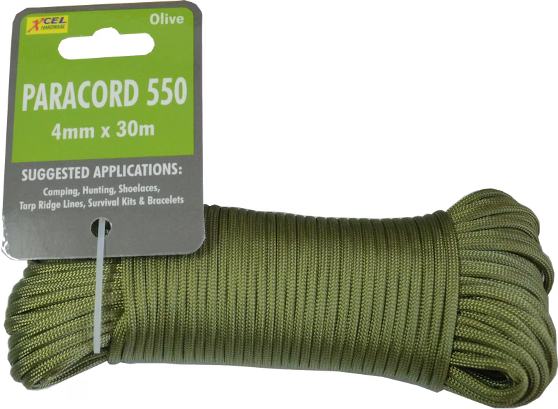 Green paracord with packaging labeled 'Paracord 550' on a white background