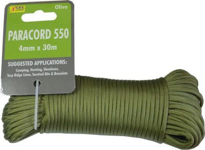 Green paracord with packaging labeled 'Paracord 550' on a white background