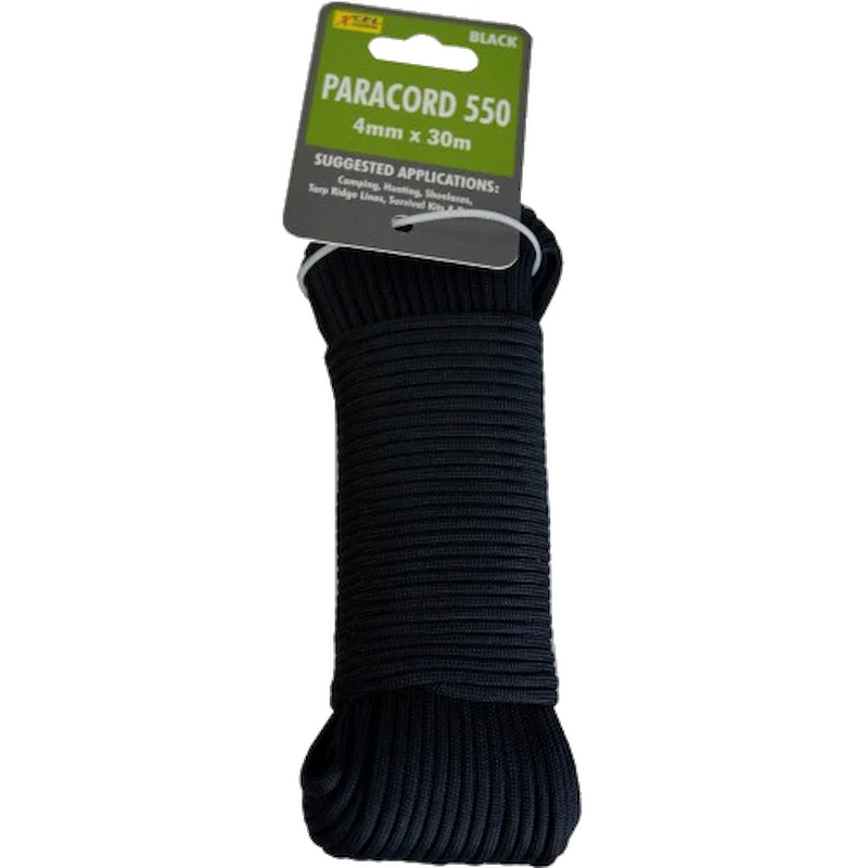 Black paracord 550 on a clear background with a label indicating brand and product details.