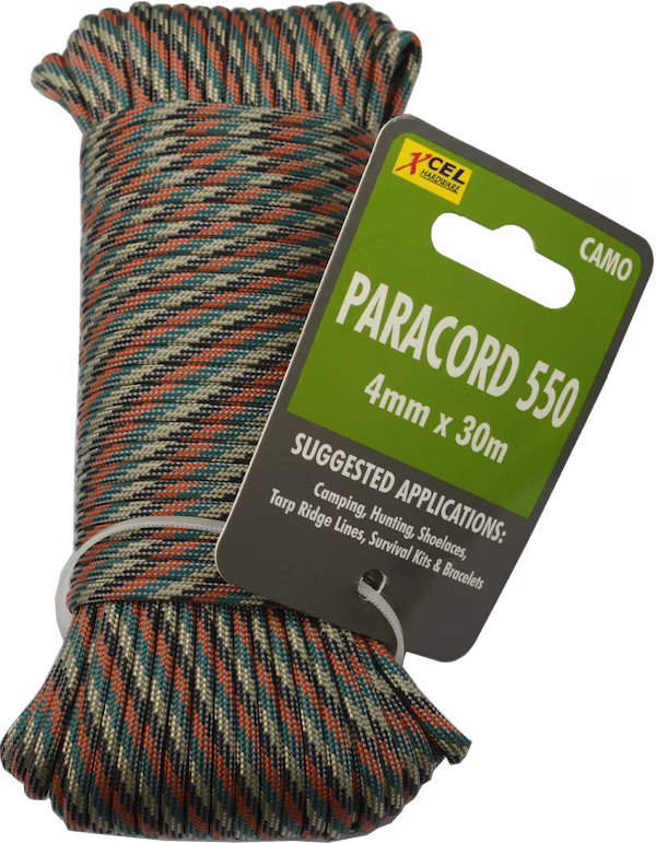 Paracord package with a label indicating type, size, and applications on a white background