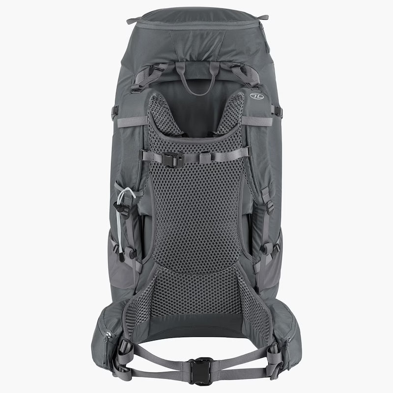 Rear view of a gray hiking backpack on a white background