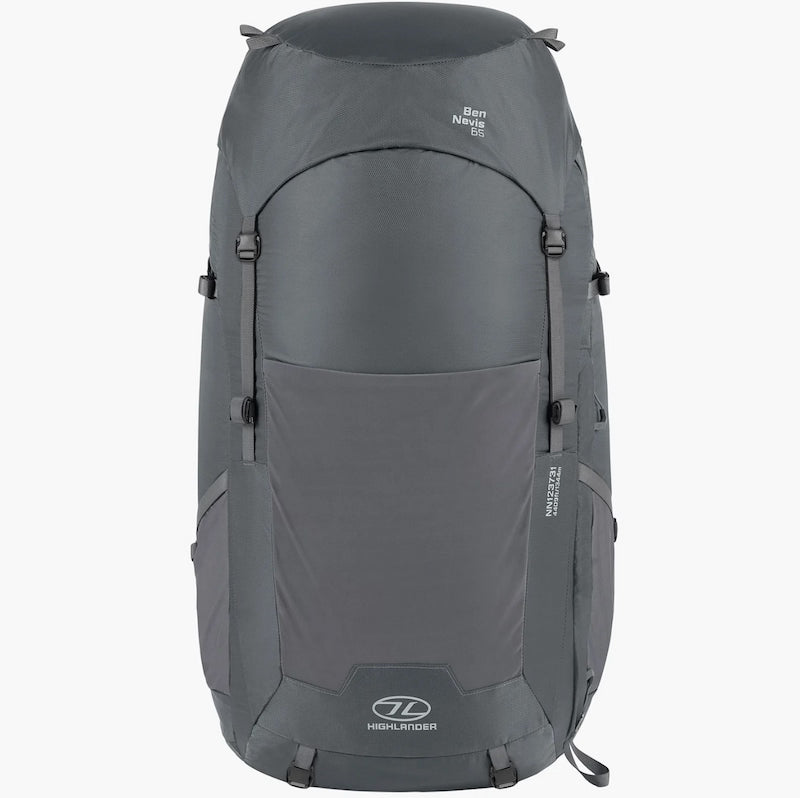 Gray backpack with visible branding on a white background