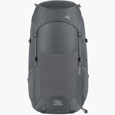 Gray backpack with visible branding on a white background