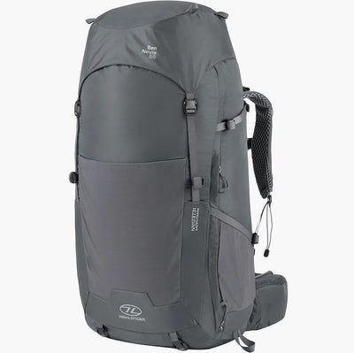 Gray backpack with multiple compartments and straps on a white background