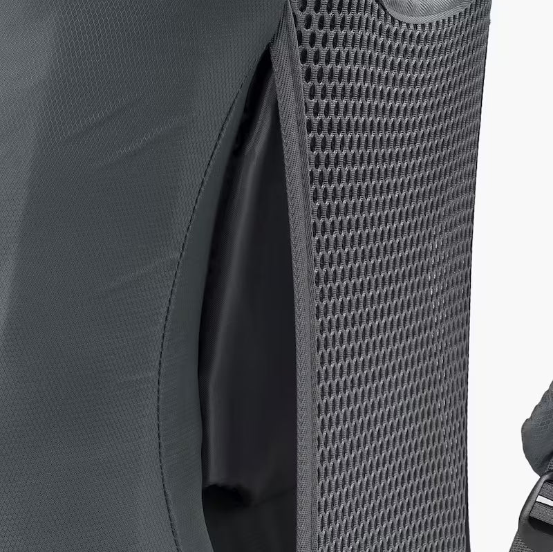 Close-up of a gray backpack with mesh side panel on a white background