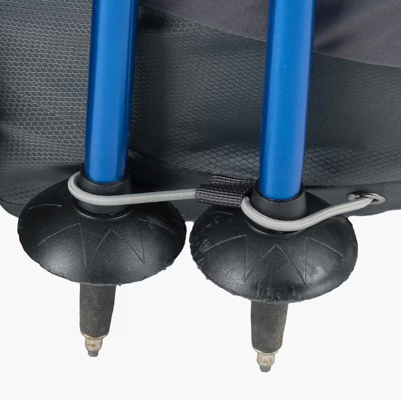 Close-up of office chair legs with blue metal and black rubber feet on a white background